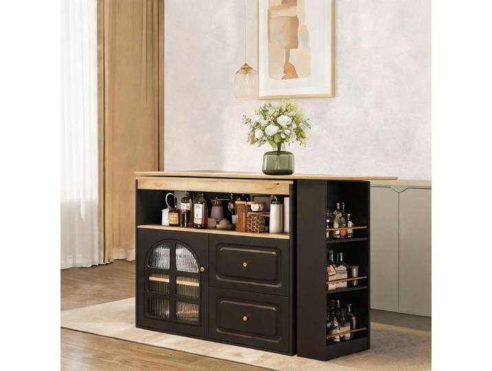 Buffet de cuisine extensible rotatif noir 2 tiroirs porte vitrée cintrée MDF noir L 138-204 cm