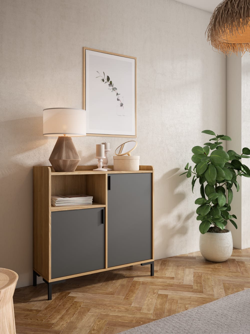 Herdasa Buffet d entrée en mélamine chêne doré et graphite 88x90x33 cm Marron 90x88x33cm