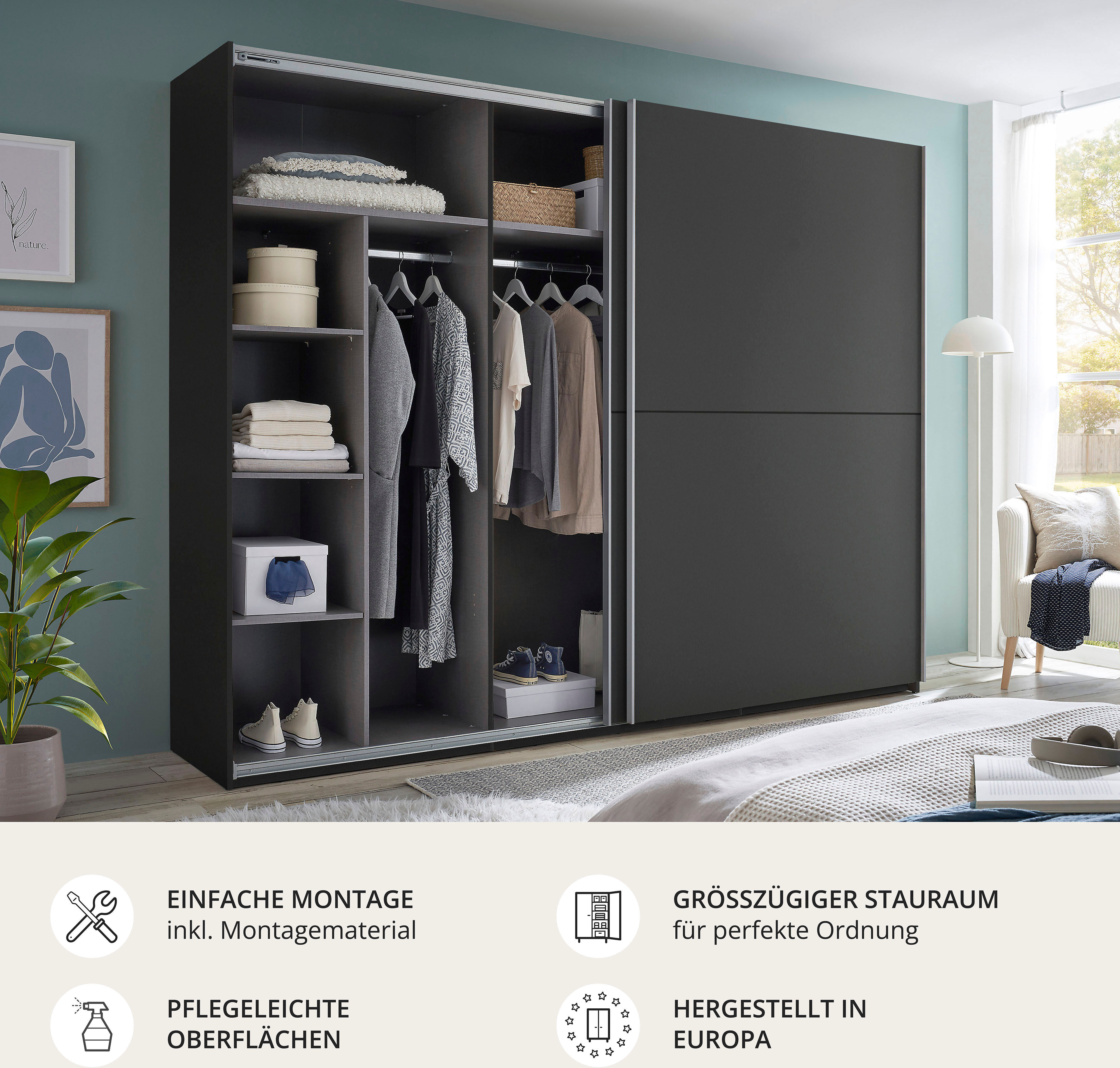 Schwebetürenschrank SCHLAFKONTOR "Mesio, 2-türiger Kleiderschrank, Schiebetürenschrank mit viel Stauraum", schwarz (graphit), B:270cm H:210cm T:60cm, Holzwerkstoff, Schränke, Schwebetürenschrank, inklusive Hoteleinteilungen aussen und Einlegeböden oben gr