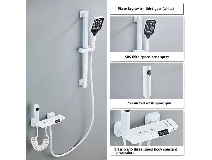 HORain-Système de douche de luxe, ensemble complet de douche sous pression, baignoire numérique à LED en laiton, blanc et gris Système de douche avec affichage à LED Support sans clous Set de douche