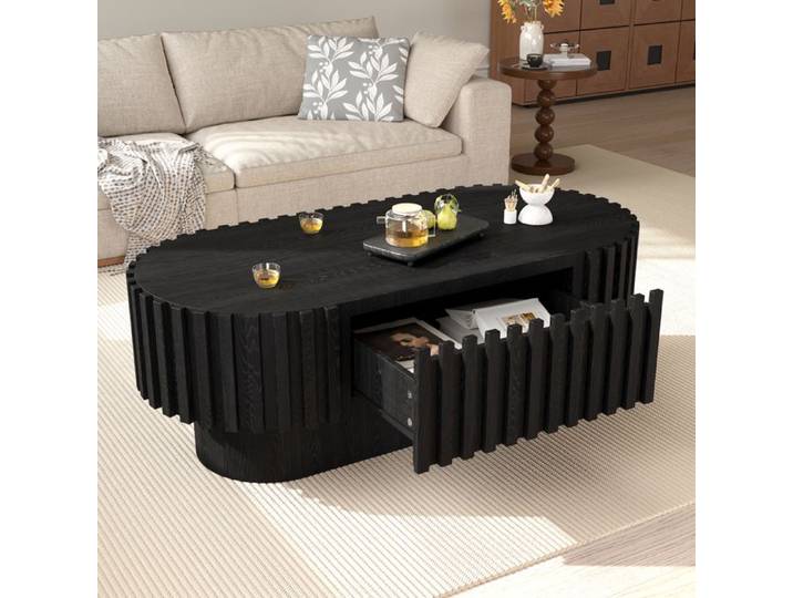 HOMVRA Table basse ovale 100 x 50 x 35 5 cm noire en MDF avec tiroir intégré