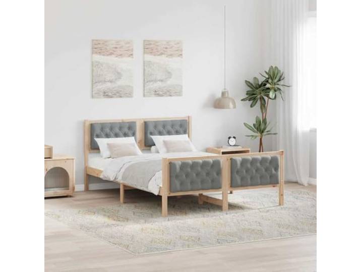YUOTYRKTEJRSG Massives Kiefernholz Polsterbett modern 140 x 200 cm Braun Bettrahmen Hellgrau 140x200 cm Massives Kiefernholz Bettgestell mit Polster Kopfteil und Lattenrost Stabil Modern