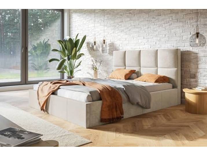 AlpiMeble Polsterbett 140x200, Jasminstoff, Holzrahmen, Beige Bett mit Bettkasten, Modern Betten, Weicher Stoff, Kollektion Slim Roma