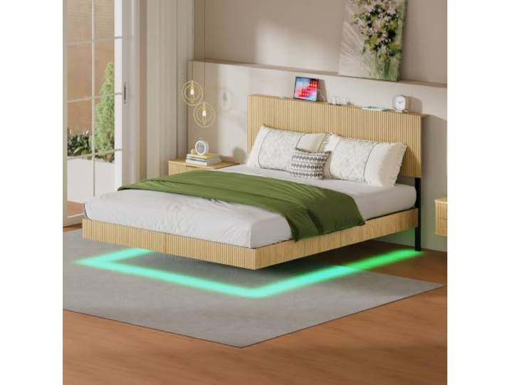 BELLEMAVE Bett 180x200 mit LED Beleuchtung Schwebebett mit Kopfteil und Steckdose, RGB Farbwechsel, helles Eiche Design, ohne Matratze