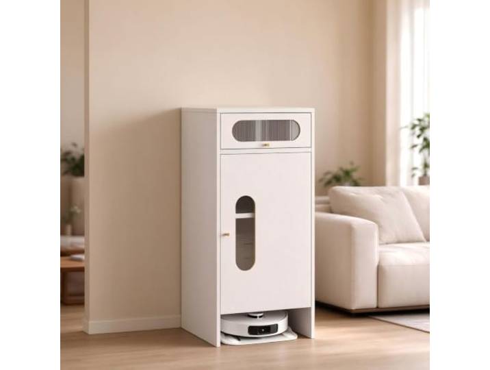 Aufbewahrungsschrank aus Holz für Saugroboter, mit Tür und Schublade Saugroboter Schrank, Aufbewahrungsmöbel für Saugroboter, Beistelltisch für Wohn- Oder Schlafzimmer(White)