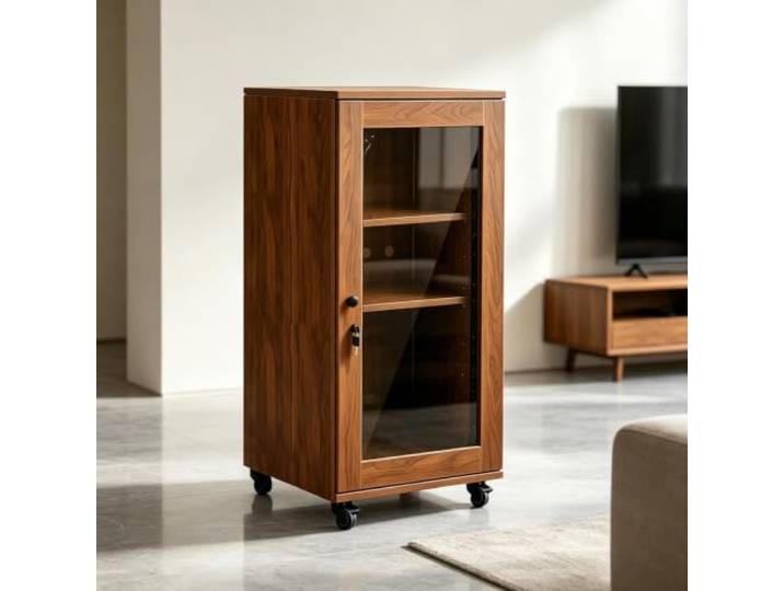 BQZKTVED Nussbaum HiFi Rack mit Gehärteter Glastür, Holz Audio Schrank Stabiles Audio Regal für Plattenspieler, Heimkino, Studio und Mediengeräte(21.65x21.65x43.31in)