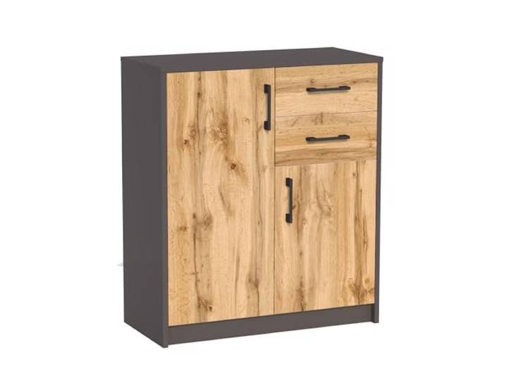 Home Collective Kommode mit 2 Schubladen und 2 Türen in matt Kommode 74cm breit mit hochwertigen Polymergriffen Holz Schrank Kommode mit Schubladen Aus laminierter Platte gefertigt Graphit Eiche