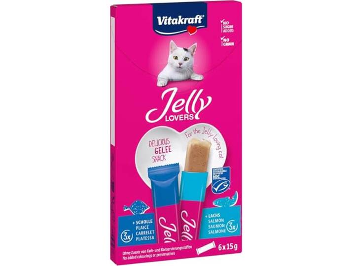 Vitakraft Jelly Lovers, Kattensnacks, Gelsnack met zalm en schol, individuele sticks, zonder toegevoegde suiker (1 pakje met 6x 15g)