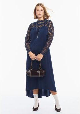 Plus Size Women's Lace Long Sleeve Satin Midi Dress by June & Vie in Night Shadow Blue (Size 20 W)