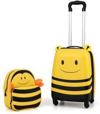 Costway 2 Pieces Kids Luggage Set on Wheels with Anti-Lose Rope and Retractable Rod-Yellow
