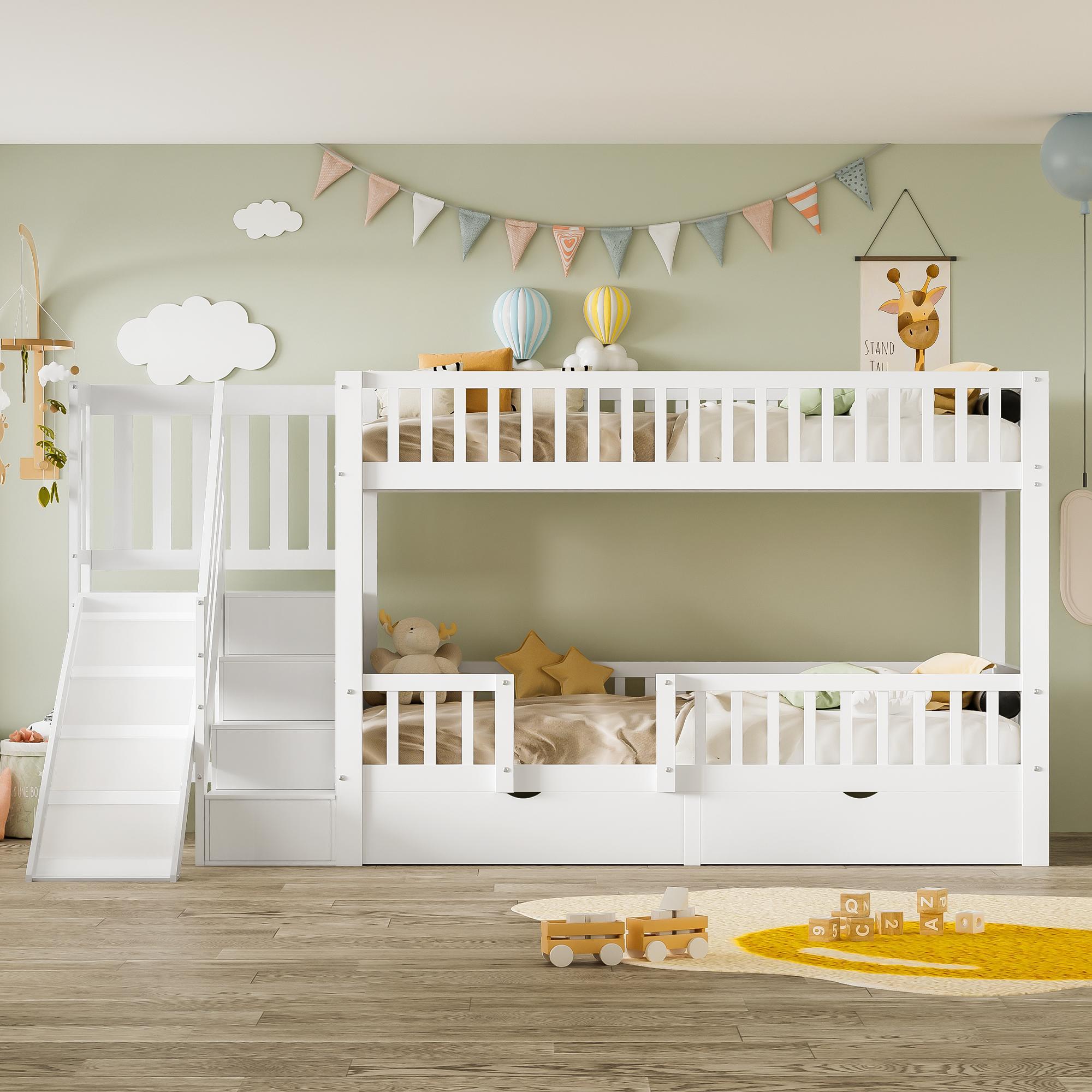MODFU Kinder-Etagenbett 90×200,Massivholz Hochbett mit Rutsche und Treppe,Kinderbett Stockbett mit 2 Schubladen,Multifunktionsbett ohne Matratze,Weiß
