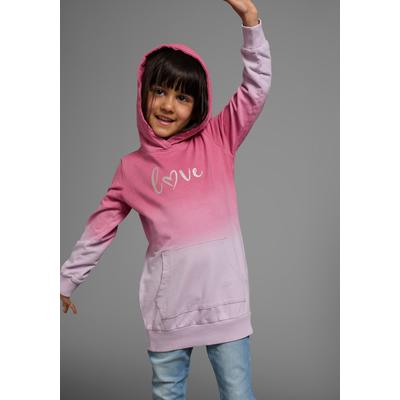 Kapuzensweatshirt KIDSWORLD "Longsweatshirt mit LOVE print", Mädchen, Gr. 92/98, bunt (pink, flieder), Sweatware, Obermaterial: 100% Baumwolle, bedruckt, mehrfarbig, Basic Po-bedeckend, Bündchen, Sweatshirts, Langarm, po-bedeckend, mit Glitzerdruck,...