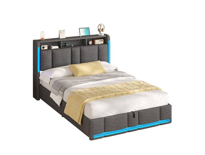MSMASK Polsterbett mit Steckdosen & LED Beleuchtung, Stauraum und Kopfteil, 150×205 cm, Dunkelgrau, mit Stauraum & LED Beleuchtung