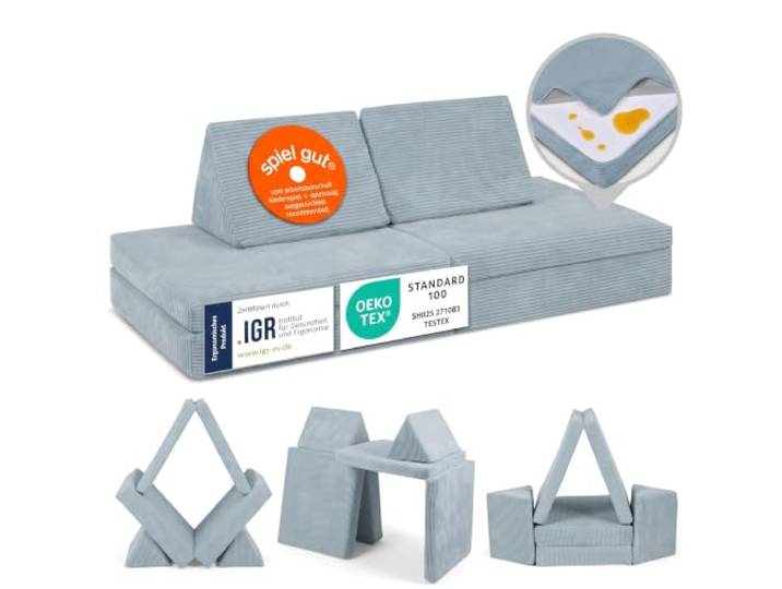 Linodino® Spielsofa Cord Kindersofa aus Schaumstoff Bausteine - Spielsofa für Kinder & Kuschelecke im Kinderzimmer Kindercouch Oeko-TEX 100 Zertifiziert Einhornblau