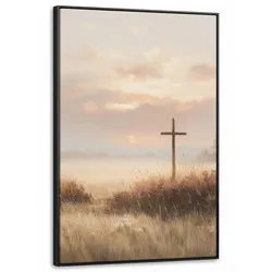 LEINWAND Bilder mit Rahmen - Gras - Morgennebel - Kreuz - Christentum - 80x120