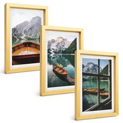 BILDER SET 3er Set - 20x30 cm Goldrahmen - Fenster für Boote auf dem Bergsee