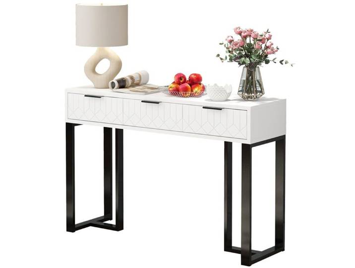 Table console 3 tiroirs – design moderne – MDF blanc motifs géométriques et structure métal dorée