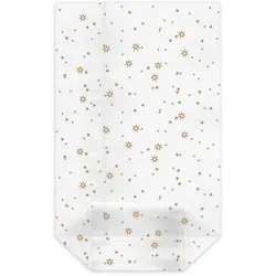 VEPATIM 100 Kreuzbodenbeutel klar mit Sternen gold 95 x 160 + 40mm mit verschweißtem Boden
