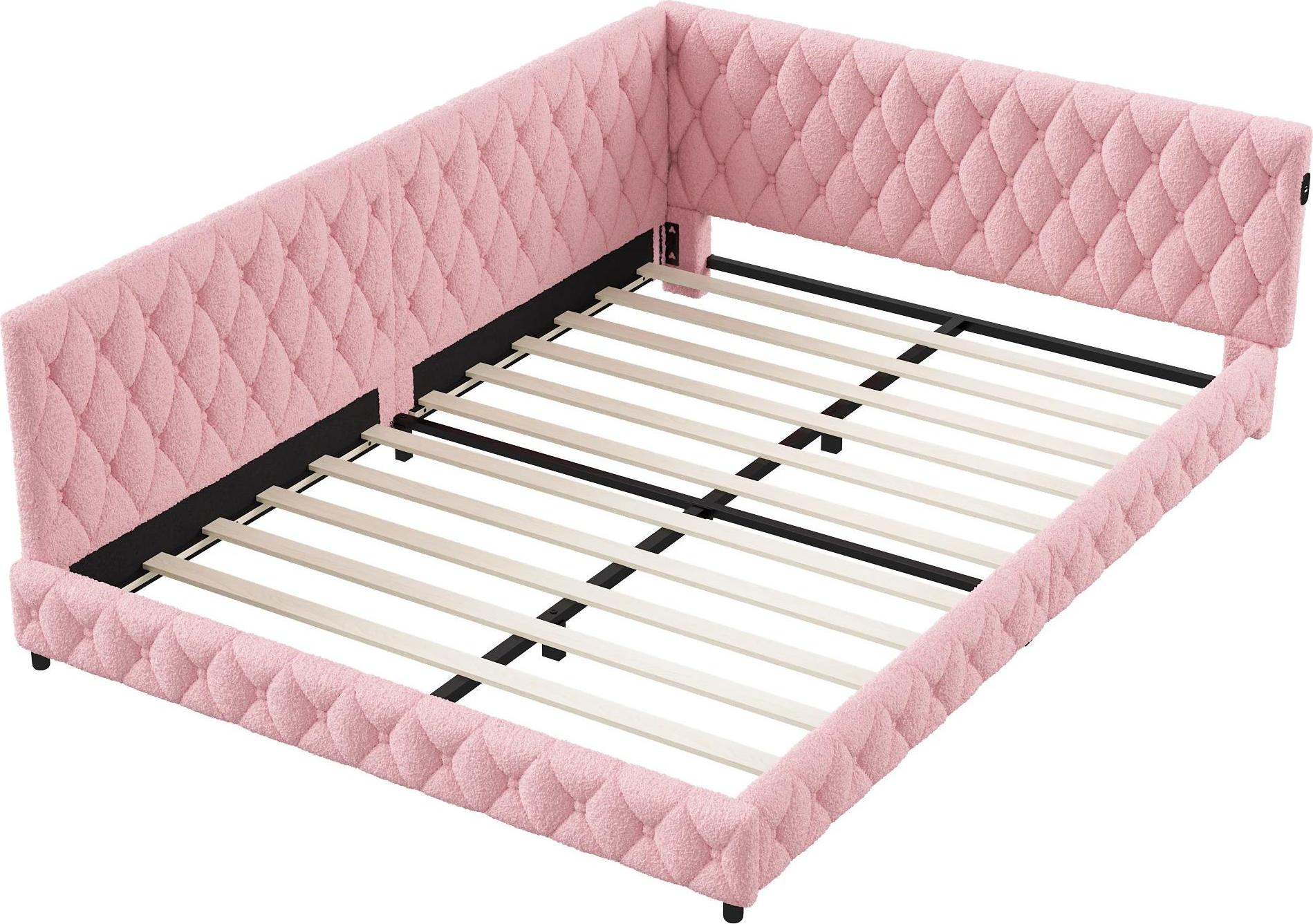 Polsterbett - Eckbett/Schlafsofa 140x200 cm - LED-Beleuchtung & USB-Anschluss - Lattenrost - Stoff in Lammfelloptik - Ohne Matratze - Rosa