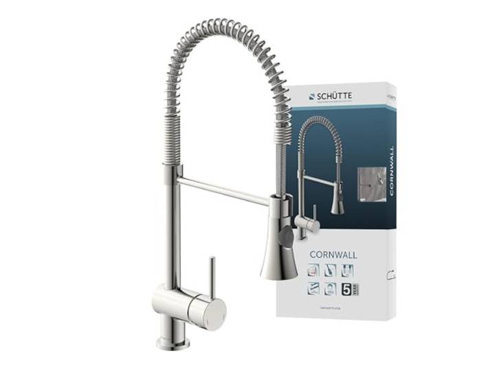 SCHÜTTE 79155 CORNWALL Küchenarmatur, Einhebelmischer mit ausziehbarer Geschirrbrause, 360 Grad schwenkbare Spültischarmatur, Spiralfeder Mischbatterie für die Spüle, Wasserhahn Küche, Edelstahloptik