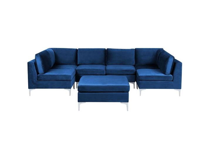 6-SITZER WOHNLANDSCHAFT U-förmig Samtstoff marineblau mit Ottomane Evja