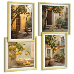 BILDER SET 4er Set - 50x50 cm & 40x60 cm Goldrahmen - Zitrusgarten in der Sonne