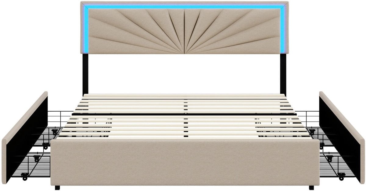 Beige Opbergbed 160x200 cm met LED-verlichting, lades en hoofdbord
