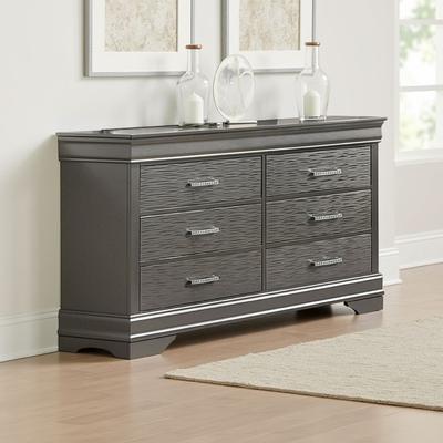 Benjara Jean Wide Dresser Chest, 6 Drawers, Chrome, Dark Gray Solid Wood