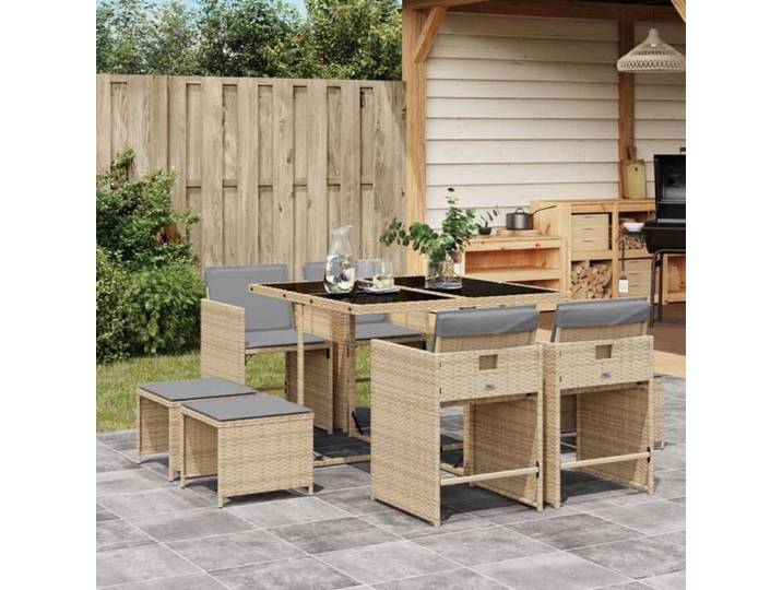 VIDAXL Ensemble Table avec chaises jardin et coussins - (9 pcs) - ANTI-UV - mélange beige 110x106x73 cm M6374