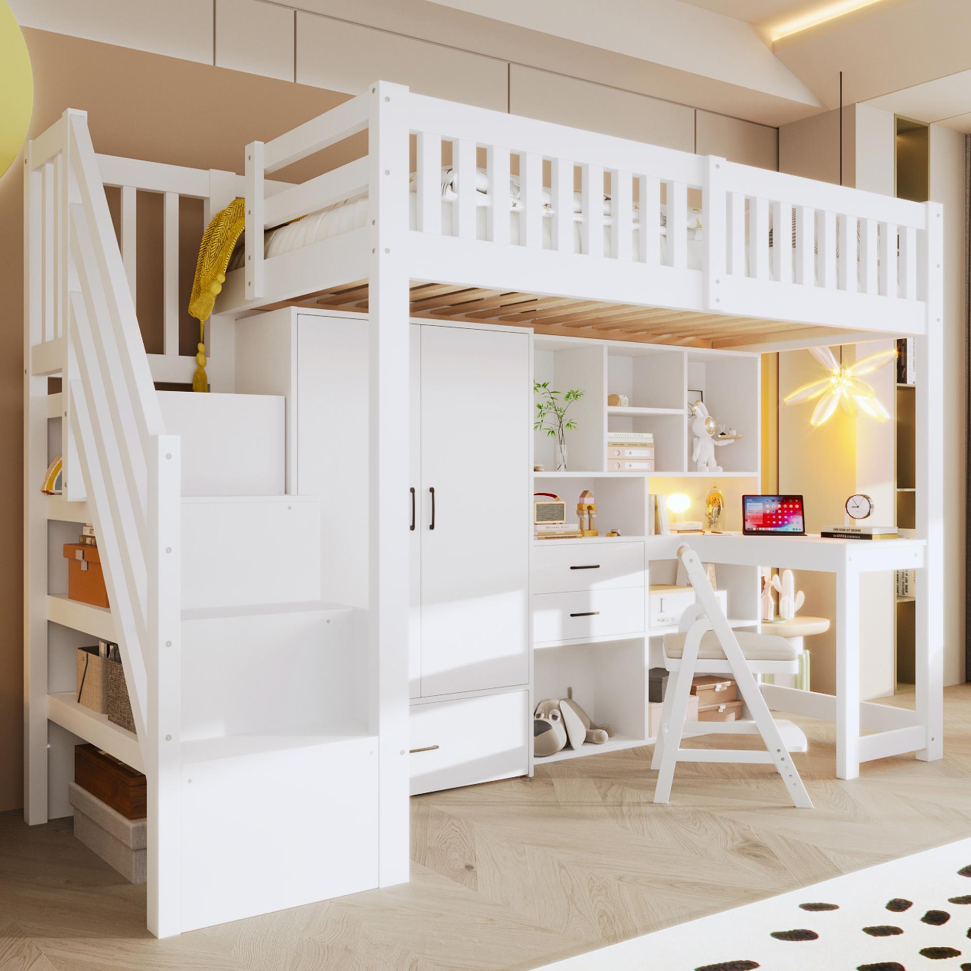 Merax Etagenbett Hochbett 90x200cm, Stockbett mit Schreibtisch, Kleiderschrank, Ablageleiter, Schubladen & Staufächern, Kinderbett, Jugendbett, Weiß