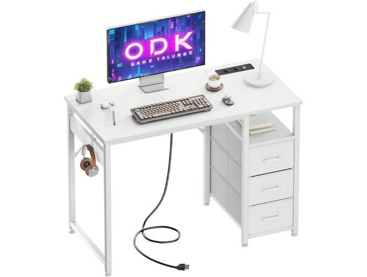 Petit Bureau avec 3 Tiroirs en Tissu 100x48x75.5 cm Bureau Informatique avec 2 Prises électriques et Prises USB Blanc