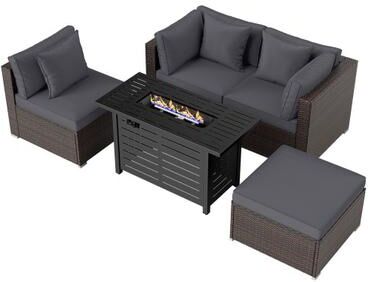 Costway Heavy-duty Frame Rattan Sofa Set with 60000 BTU Firepit Table-Gray