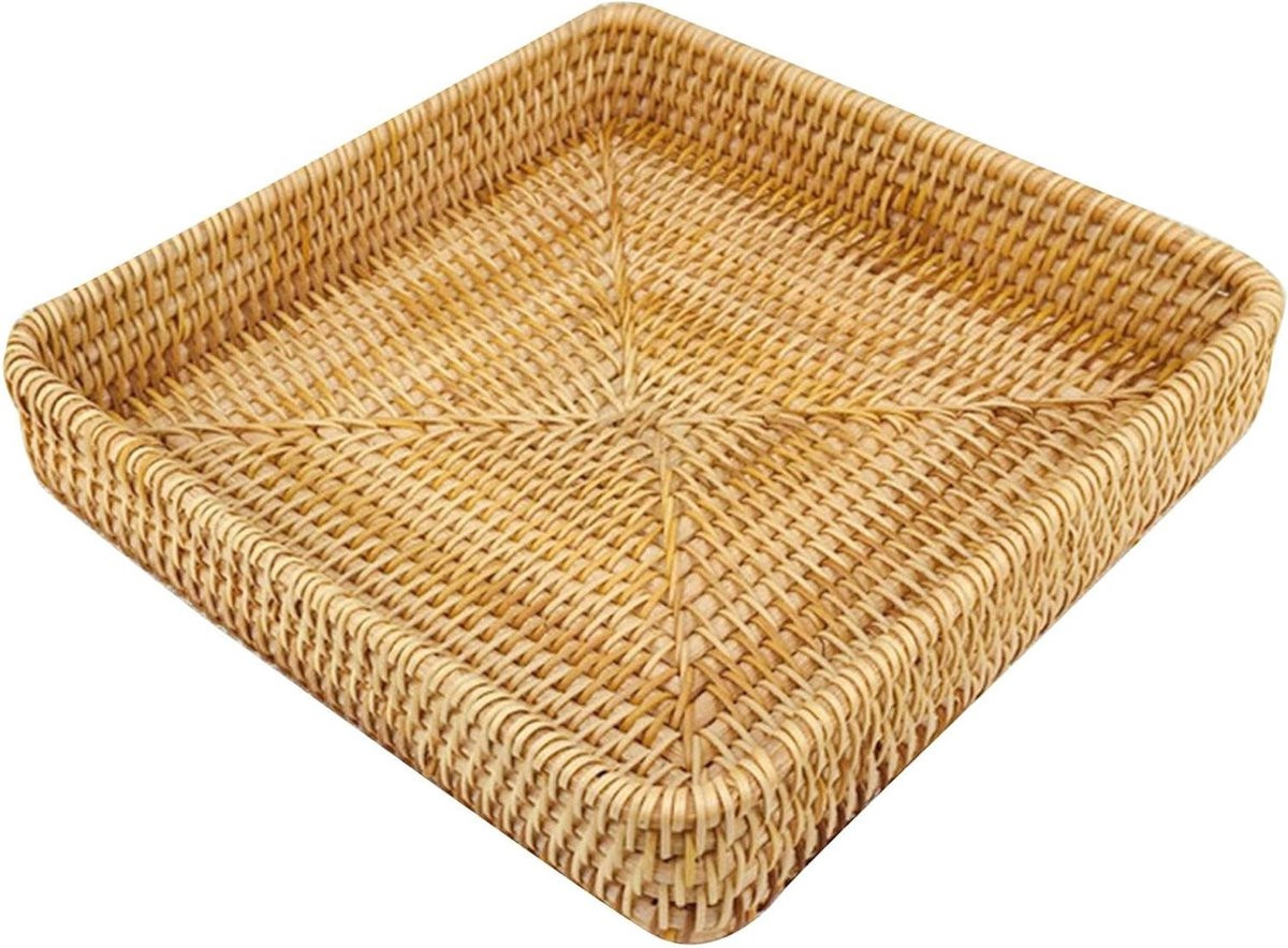 Natuurlijke handgeweven rieten mand als decoratieve organizer voor op tafel, diameter: 25,8 cm