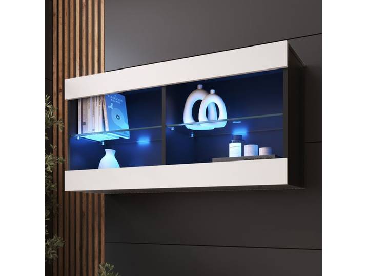 Komodee Vitrine Suspendue Horizontal Tivoli - Blanc Noir - 100 x 50 x 29 cm - LED Bleues