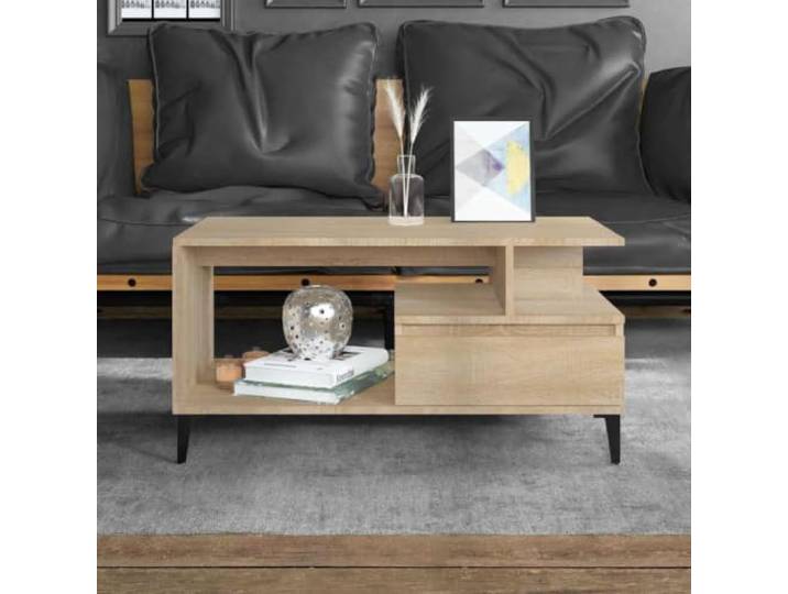 HEFZGDB Couchtisch Sonoma-Eiche 90x49x45 cm Holzwerkstoff mit Metallfüßen und robuster Tischplatte für Stauraum und Organisation, Beistelltisch mit industriellem Design