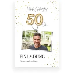 Einladungskarte 50. Geburtstag: Goldene Ballons mit Foto in Weiß