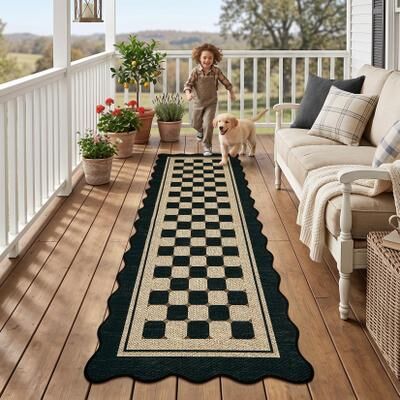 Garvee Scalloped Easy Jute Indoor Outdoor Geometric Checkered Area Rug