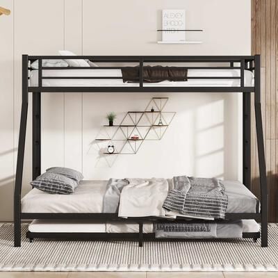 GREATPLANINC Heavy Duty Metal Bunk Bed with Trundle Guardrails 2 Side Ladders