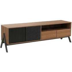 Mendler TV-Rack HWC-O40, Lowboard TV-Schrank 2 Schubladen Türen Staufächer, MDF Metall Melamin 48x155x40cm ~ natur