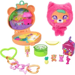Polly Pocket Plüschbär-Schatulle, Puppen- und Schlüsselanhänger-Spielset mit Haustieren und Obst-Zubehör