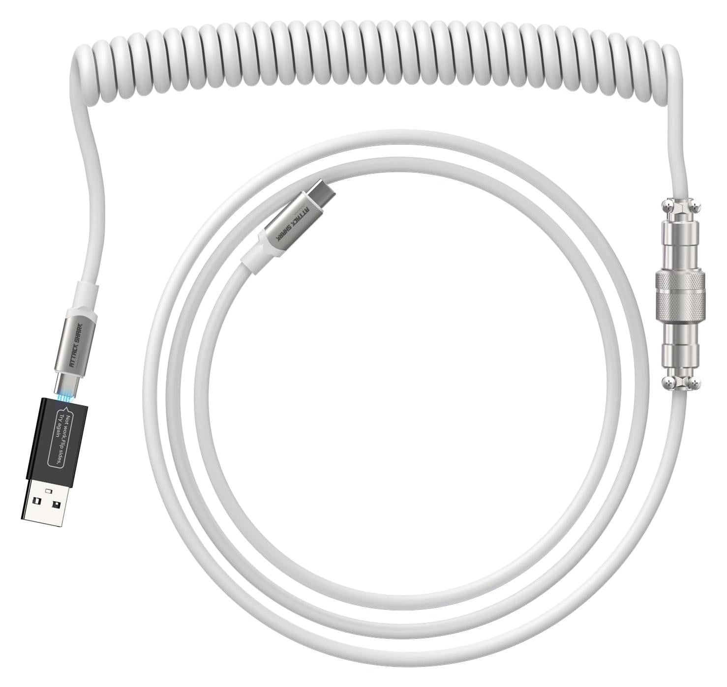 Selius Opgerolde USB C Gamingtoetsenbordkabel, Type-C naar Type-C met USB naar USB C-adapter - Wit