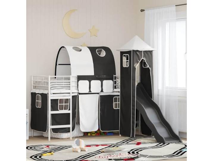 Metallrahmen mit Vorhängen Rutsche Turm Spielbereich Hochbett Weiß 74 5 x Loftbett Kinderbett Metall Weiß Schwarz 74,5x190 cm mit Rutsche, Vorhang, Matratze, Spielbett Hochbett