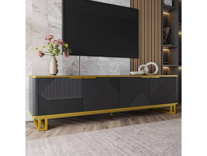 Meuble TV moderne - MODERNLUXE - 160x37 5x48 cm - 4 portes - MDF + Métal - Noir + Doré - Texture géométrique