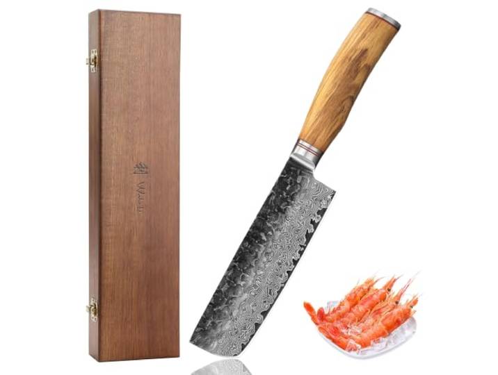 Wakoli Olive HS Nakirimesser 17 cm aus 67 Lagen Damaststahl mit VG10 Kern Olivenholzgriff, dunkler Hammerschlag, 15° V-Schliff, 60±2 HRC und Holzbox für präzise Druckschnitte bei Gemüse und Kräutern