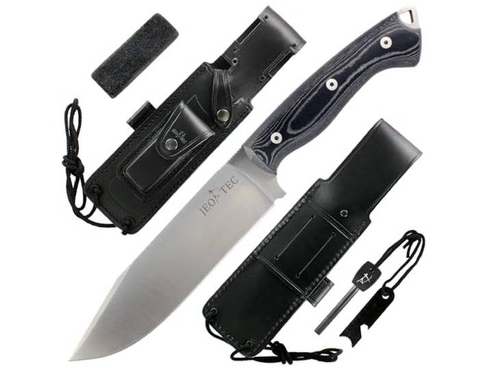 JEO-TEC Nº37 Outdoor Camping Gürtelmesser Jagdmesser Überlebensmesser Survival Bushcraft Messer, Stahl MOVA, Lederscheide + Feuerstahl + Messerschärfer, Handgefertigt in Spanien