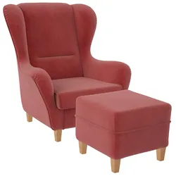 Supellex Sofia Ohrensessel mit Hocker   Design Samt Altrosa