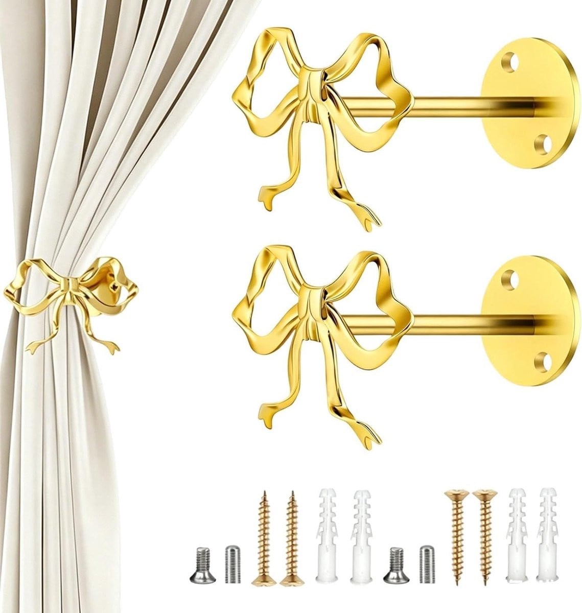 Gouden Gordijnhouders in de vorm van metalen strikken, 12 cm lang