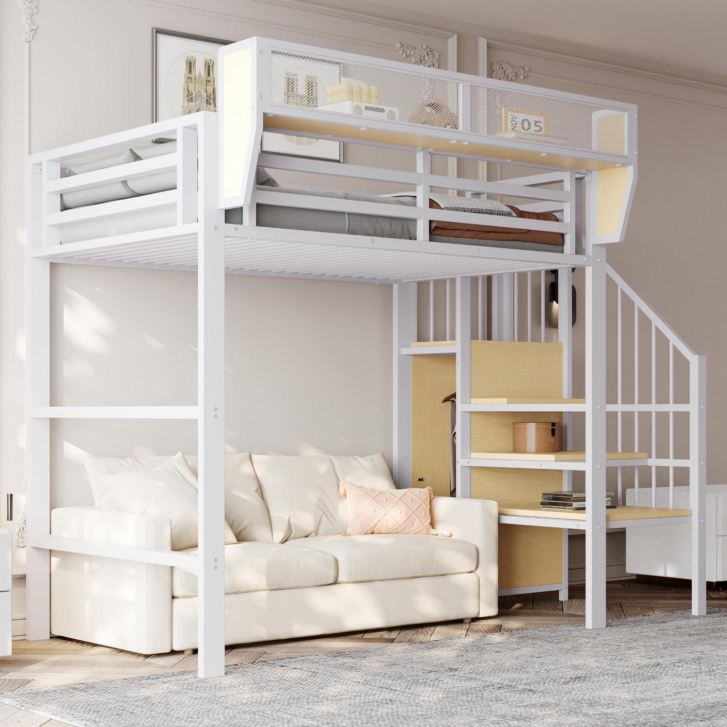 Hochbett Etagenbett 90x200 cm Metall Weiß mit Treppe und Stauschrank