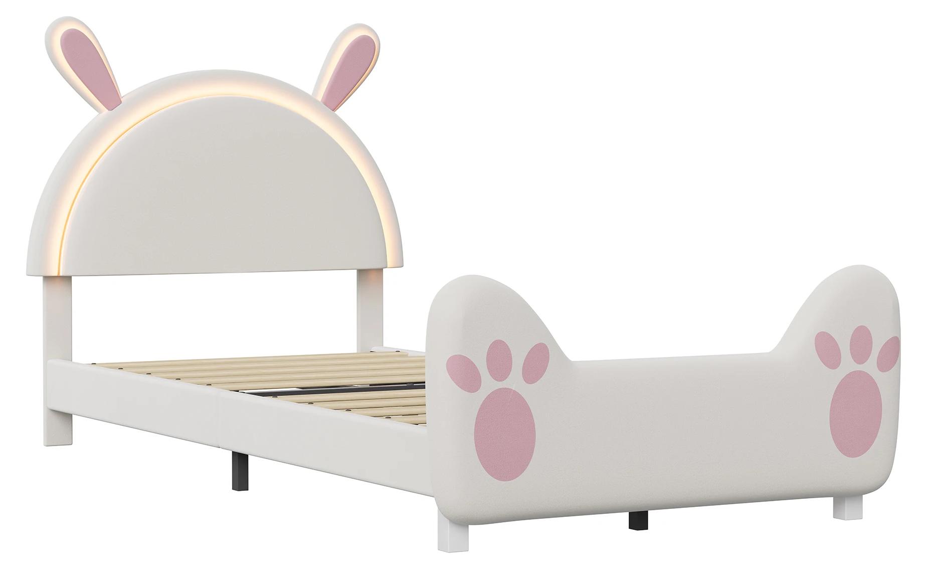 Kinderbett - Doppelbett - Gepolstertes Kaninchenkopfteil - LED-Beleuchtung - Lattenrost - Stauraum unter dem Bett - 140 x 200 cm - Weiß