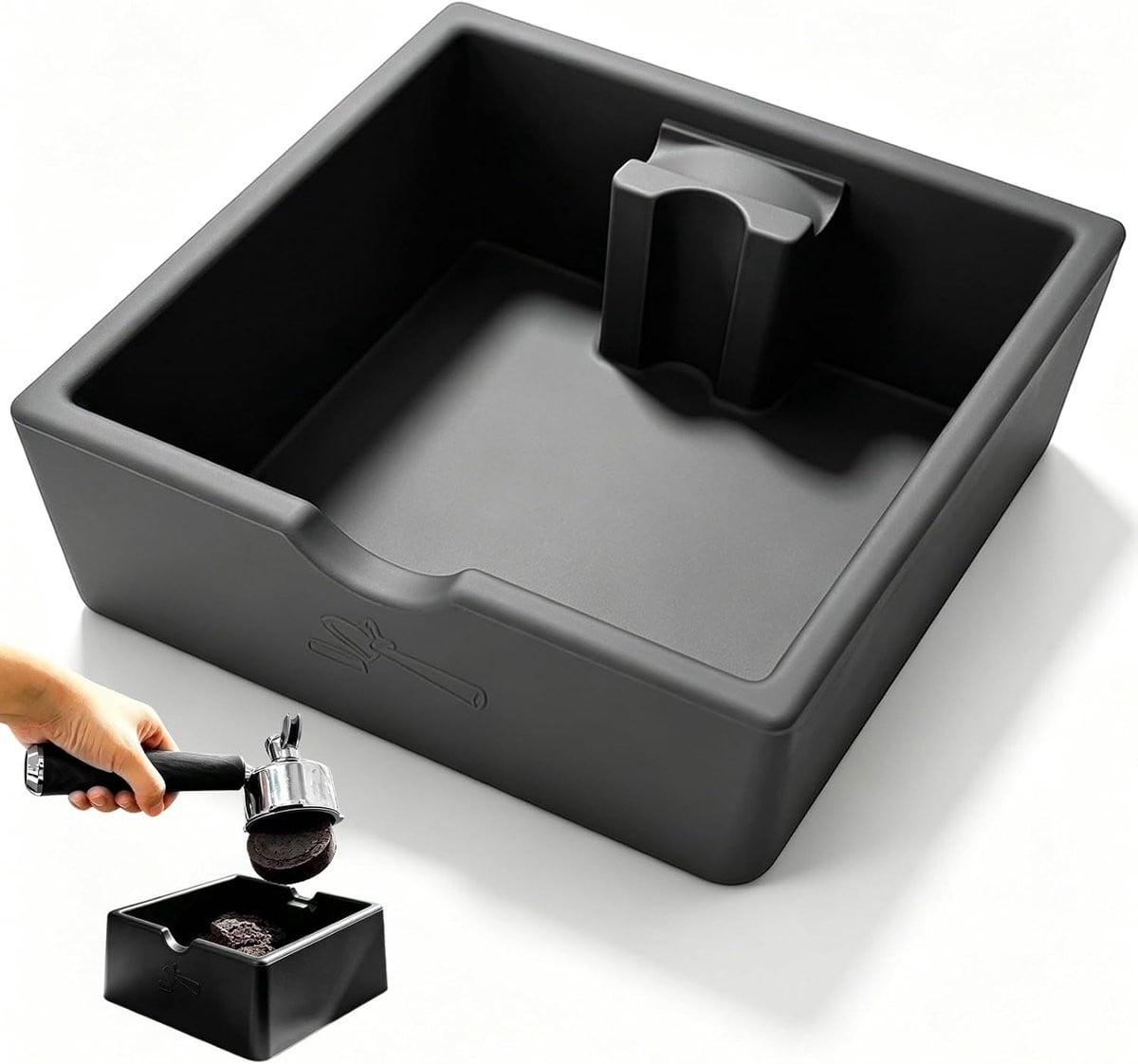 Zwarte antislip siliconen koffieklopbox voor zeefhouders